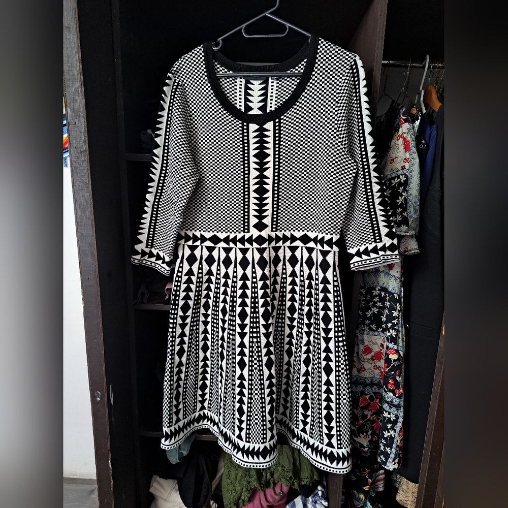 L Nina Leonard Knit Three Quarter Sleeve Black and White Geometric Dress